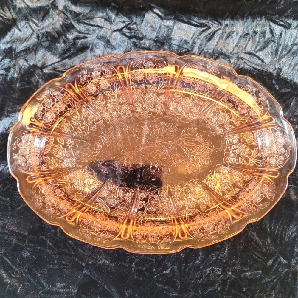 0779. Vintage Jeanette Glass Platter ~ Pink Cherry Blossom ~ Depression Glass ~